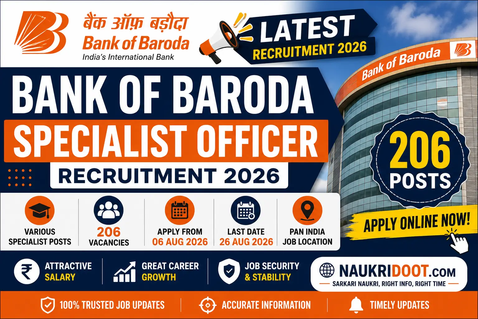 Bank of Baroda SO Recruitment 2026 for 206 Posts