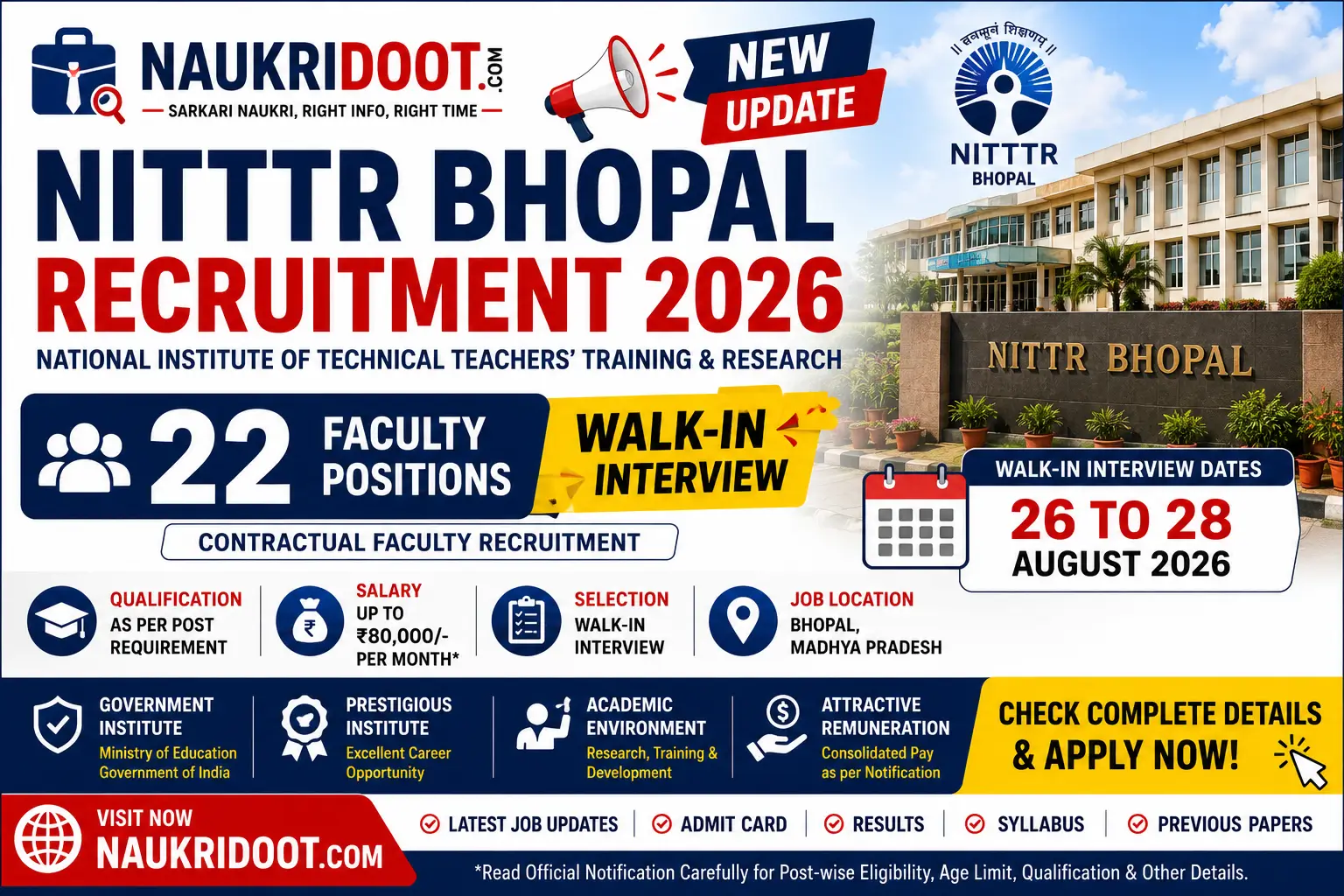 NITTTR Bhopal Recruitment 2026 22 Faculty Posts Walk-in Interview