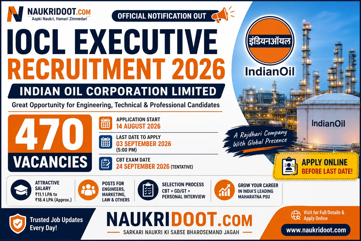 IOCL Executive Recruitment 2026 – 470 Posts